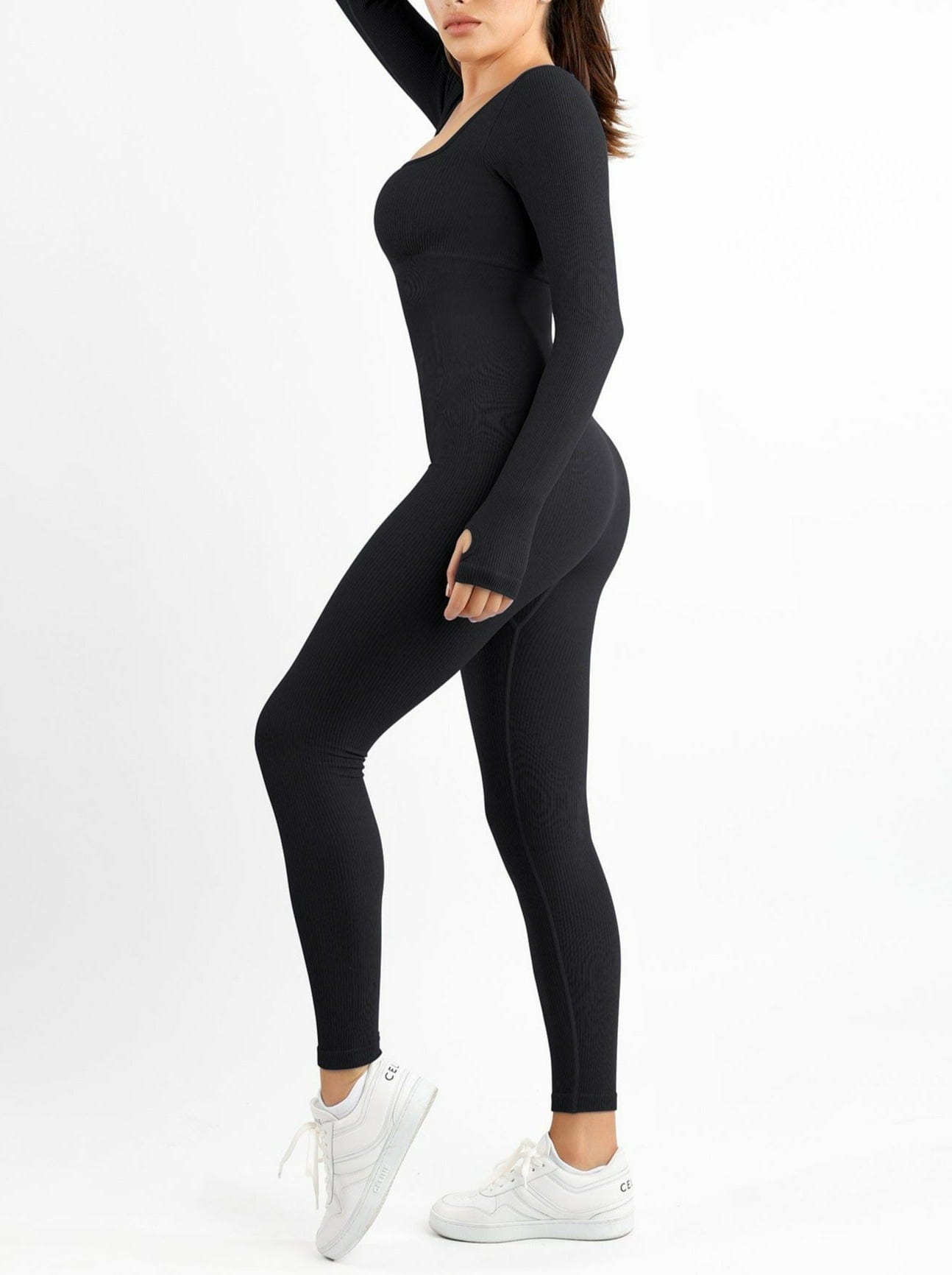 Wholesale Seamless Thumb Hole Square Neck Long Sleeve Jumpsuit